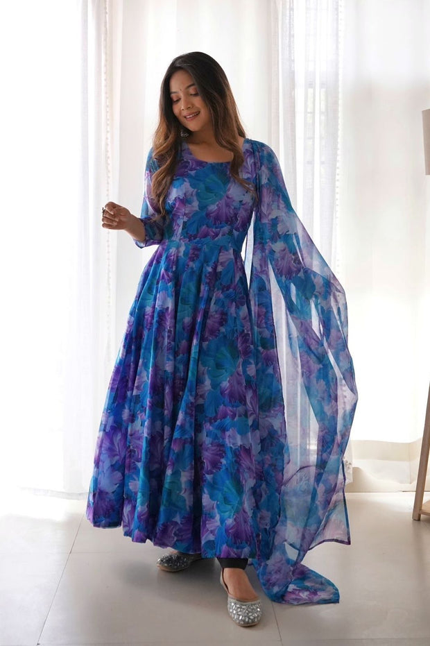 Blue Faux Georgette Flower Printed Gown