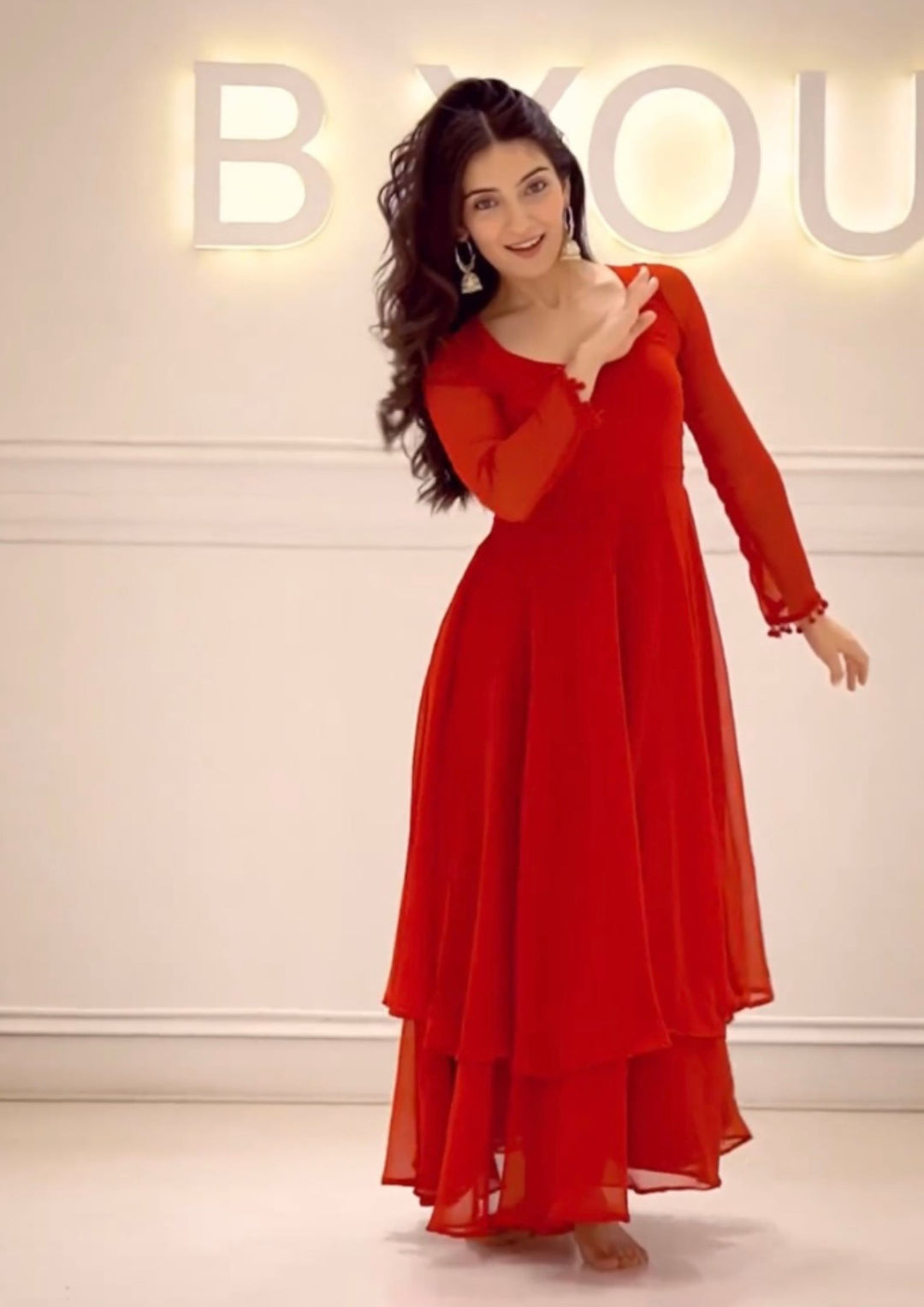 Classic Desinger Red Color Double Layered Anarkali Set – Vika Fab