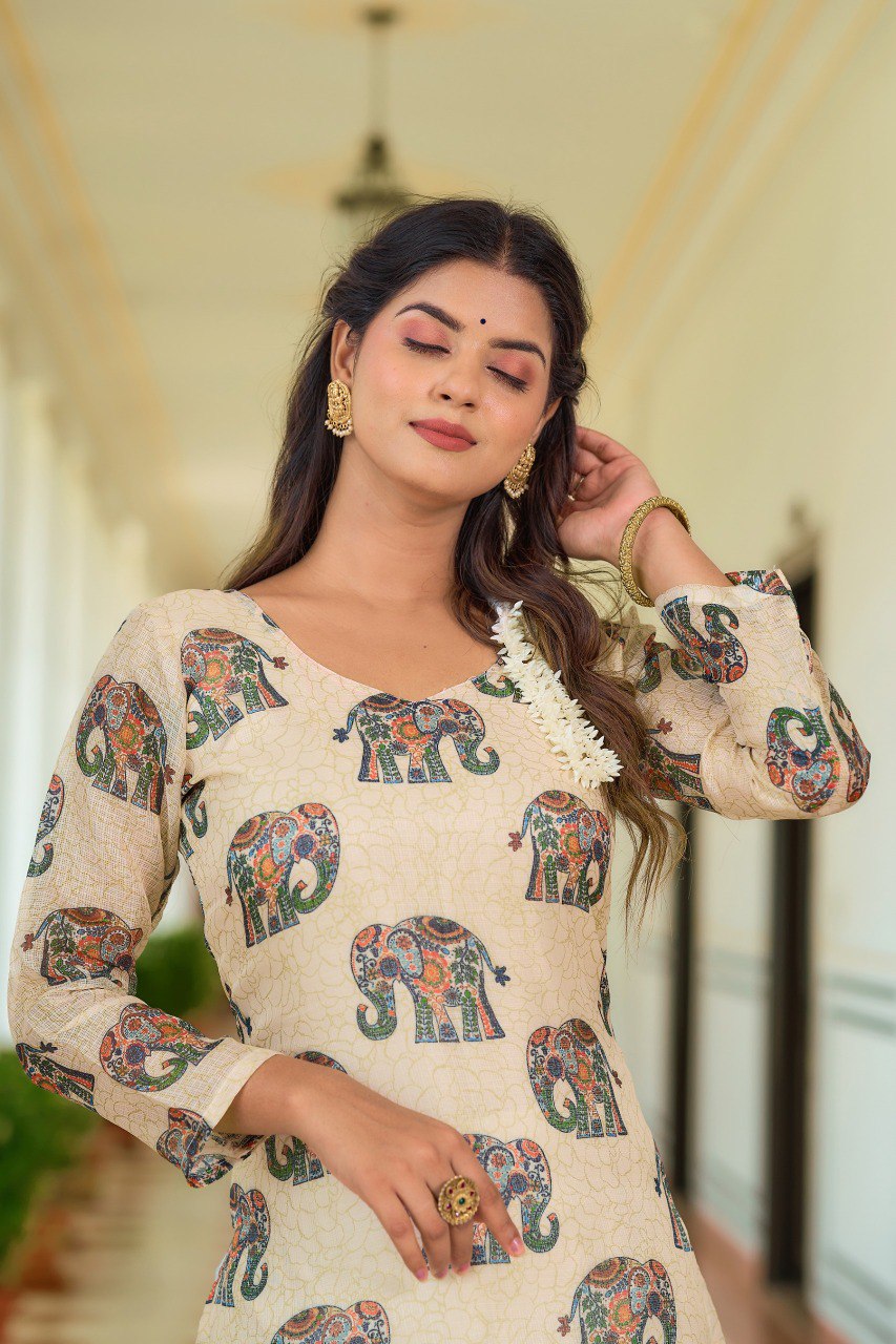 Elephant print Beige Kurti