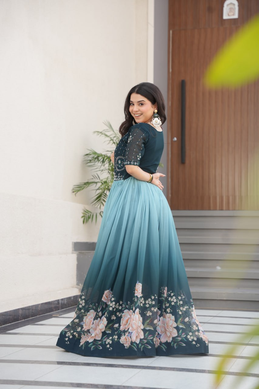 Beads Embroidered work With Digital Print Gown