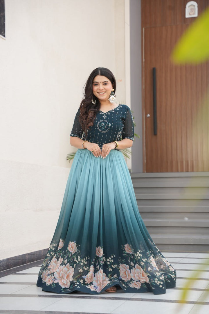 Beads Embroidered work With Digital Print Gown