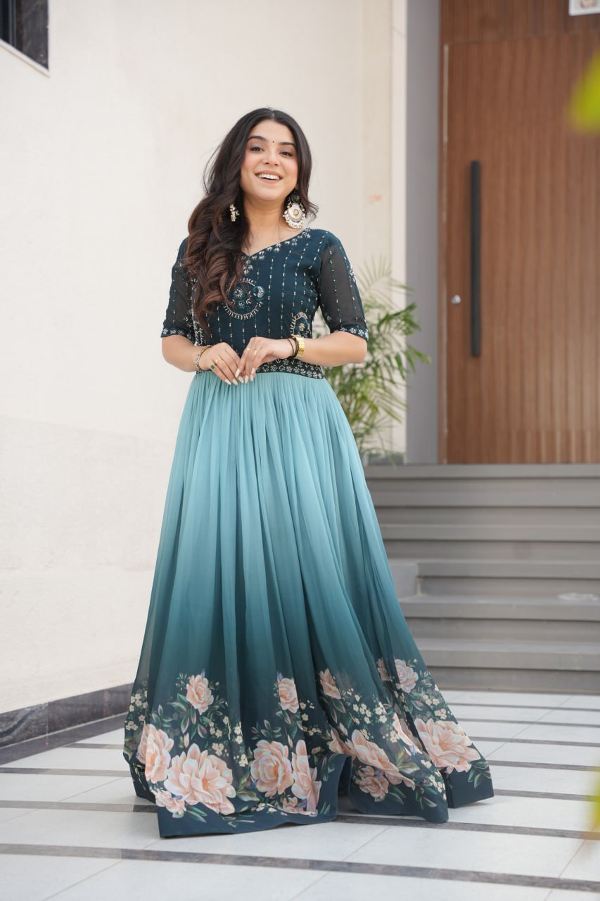 Beads Embroidered work With Digital Print Gown