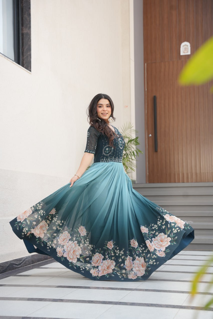 Beads Embroidered work With Digital Print Gown