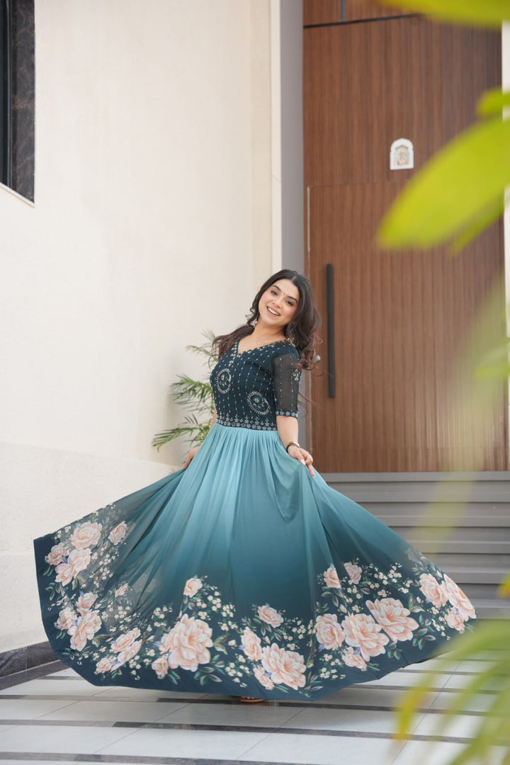 Beads Embroidered work With Digital Print Gown