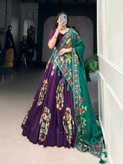 Tussar Silk Purple Printed And Foil Work With Lace Touch Up Lehenga Choli