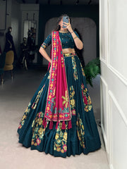 Tussar Silk Black Printed And Foil Work With Lace Touch Up Lehenga Choli