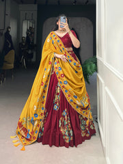 Tussar Silk Maroon  Printed And Foil Work With Lace Touch Up Lehenga Choli