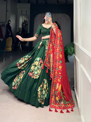 Tussar Silk Green Printed And Foil Work With Lace Touch Up Lehenga Choli