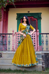 Mustured Vichitra Silk Sequins and Thread Embroidery Work Lehenga Choli