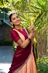 Peach Color Zari Chex With Zari Weaving Work Lehenga choli