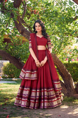 Pure Red Chanderi Plain With Zari Weaving Work Lehenga Choli