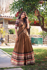 Pure Brown Chanderi Plain With Zari Weaving Work Lehenga Choli