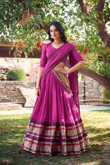 Pure Pink Chanderi Plain With Zari Weaving Work Lehenga Choli