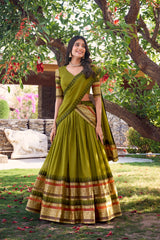 Pure Mahendi Chanderi Plain With Zari Weaving Work Lehenga Choli