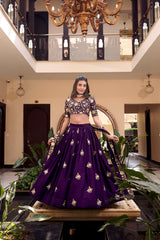 Purple Vichitra Silk With Pearl Coding And Sequins Embroidery Lehenga Set