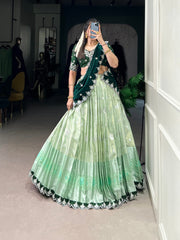 Pista Color Zari Kota With Sequins and Thread Embroidery Lehenga choli