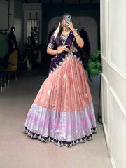 Peach Color Zari Kota With Sequins and Thread Embroidery Lehenga choli