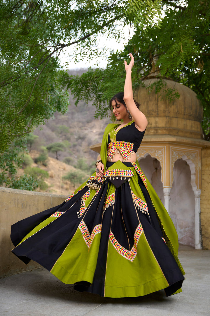 Plain Cotton with Gamthi Work And Gota Patti Lehenga Choli
