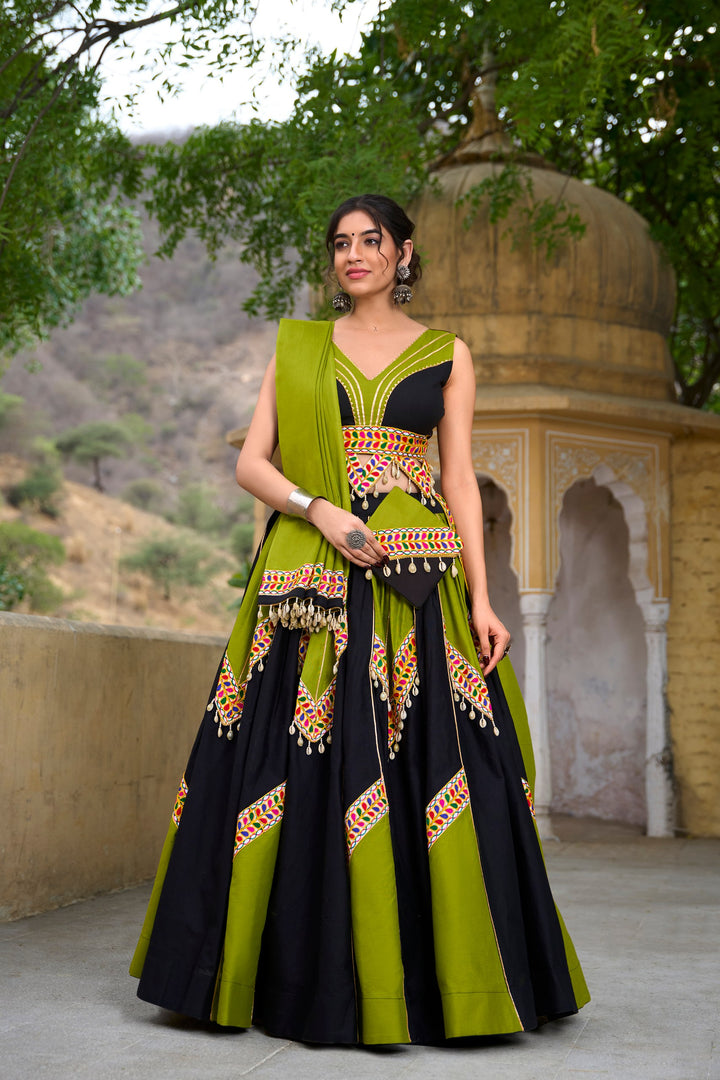 Plain Cotton with Gamthi Work And Gota Patti Lehenga Choli