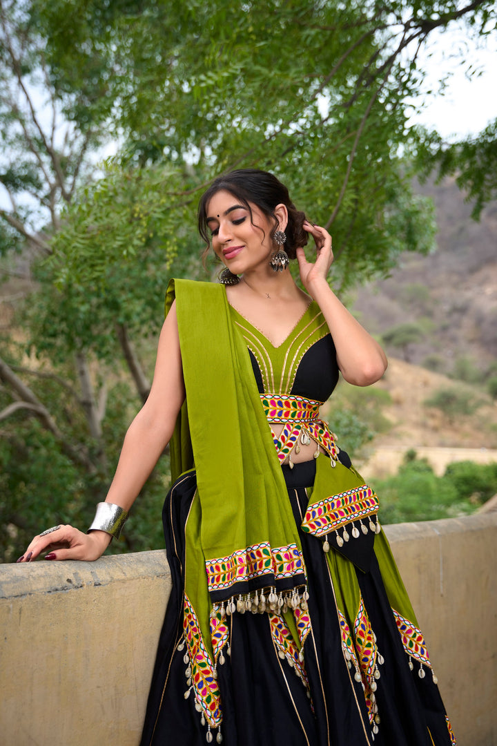 Plain Cotton with Gamthi Work And Gota Patti Lehenga Choli