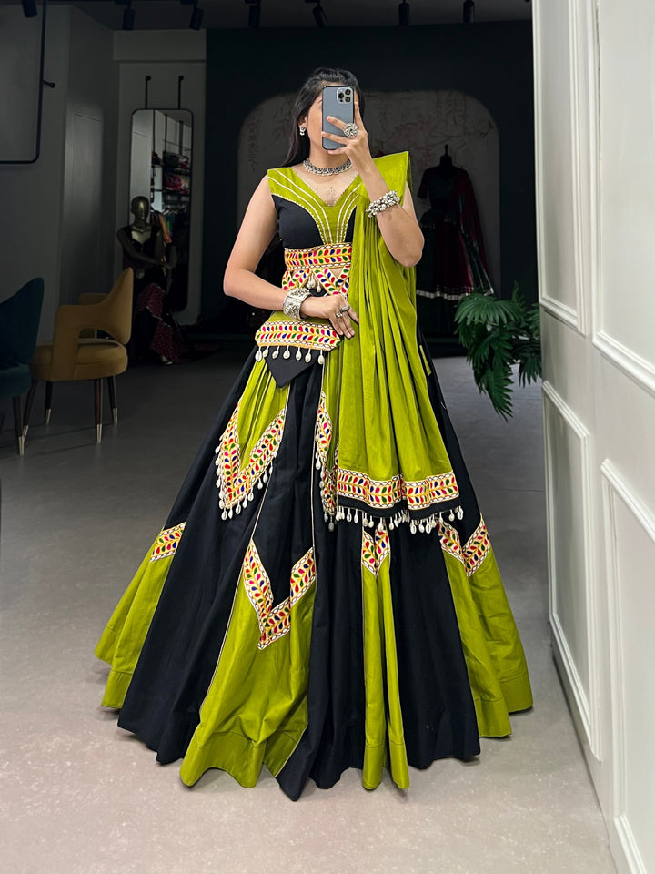 Plain Cotton with Gamthi Work And Gota Patti Lehenga Choli