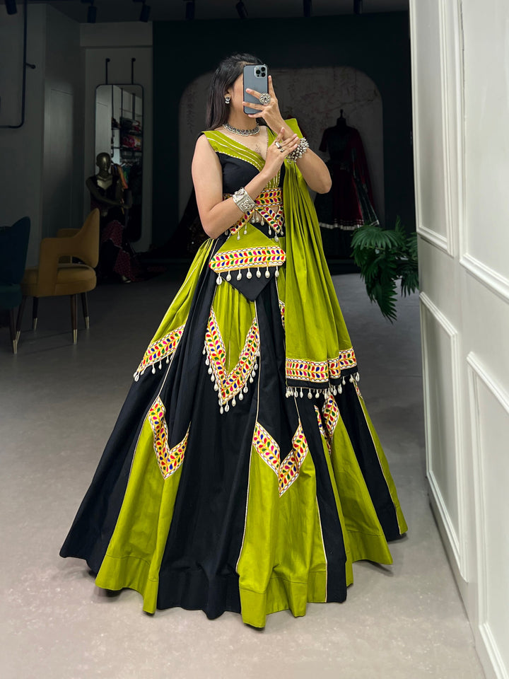 Plain Cotton with Gamthi Work And Gota Patti Lehenga Choli
