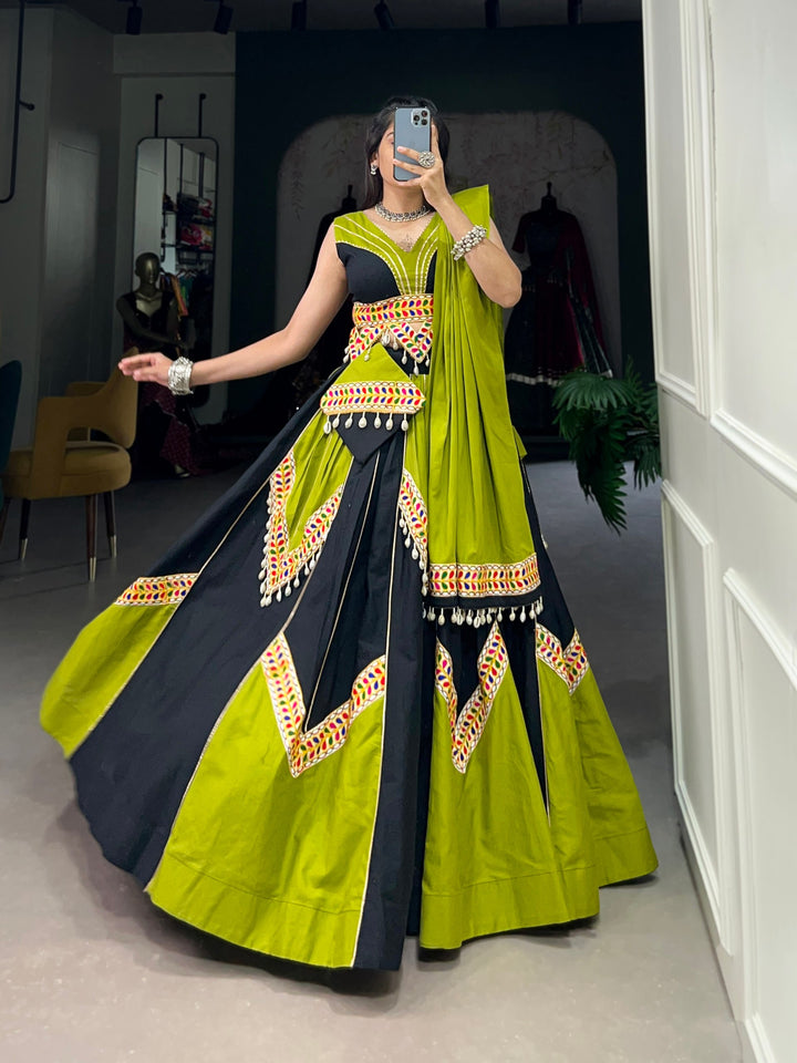 Plain Cotton with Gamthi Work And Gota Patti Lehenga Choli