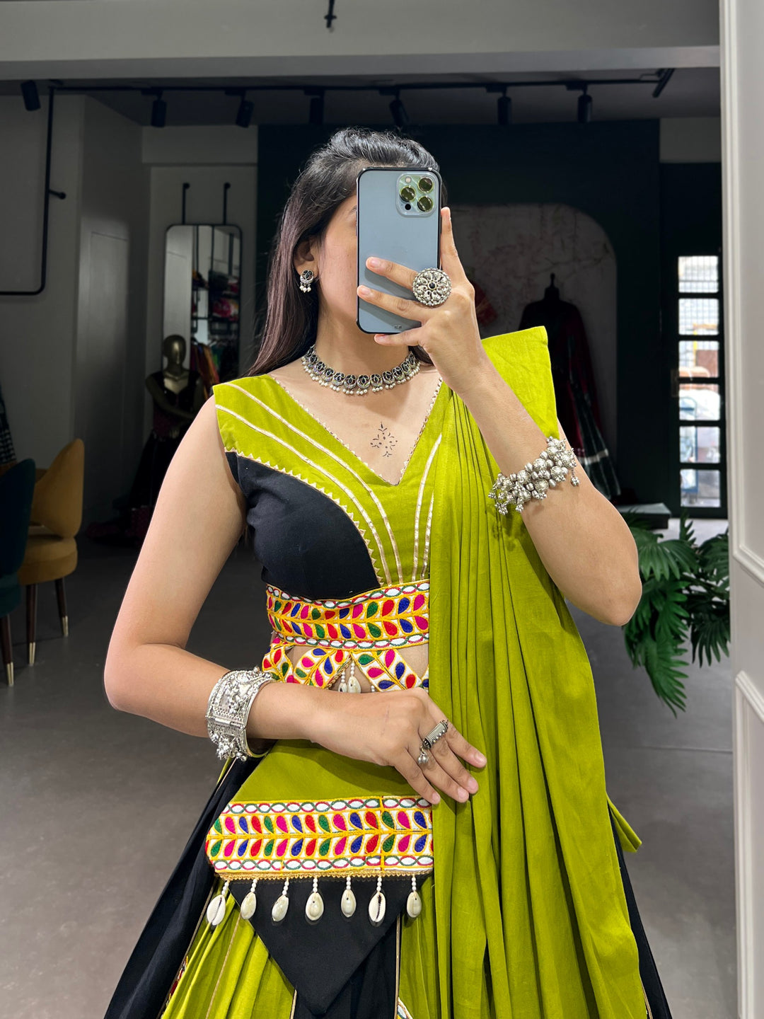 Plain Cotton with Gamthi Work And Gota Patti Lehenga Choli