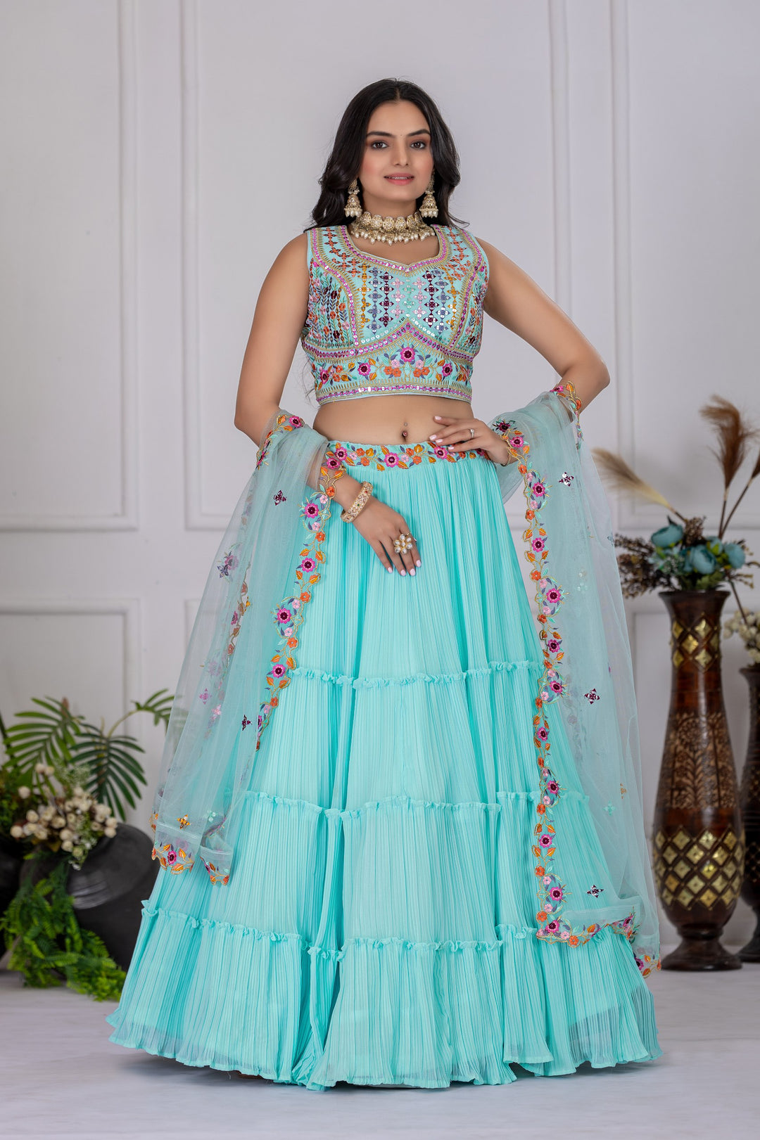 Sky Blue Star Fox Georgette with crease work lehenga Choli