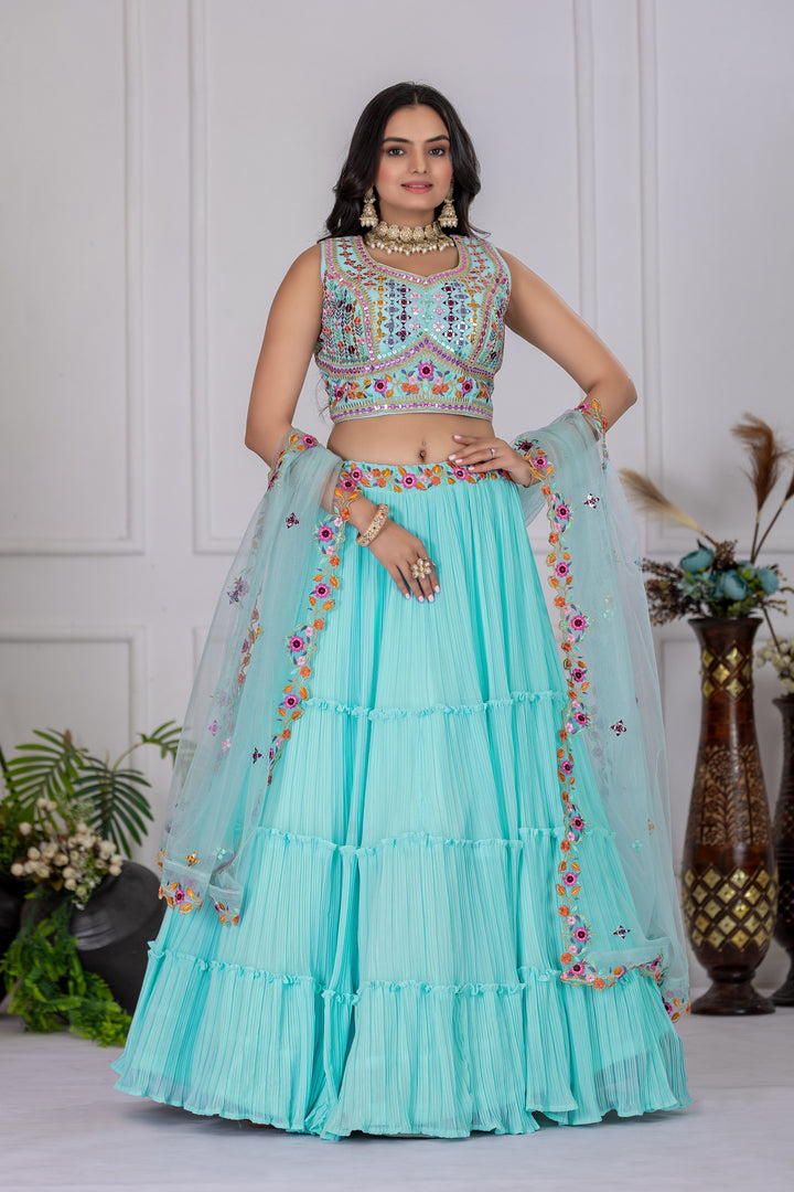 Sky Blue Star Fox Georgette with crease work lehenga Choli