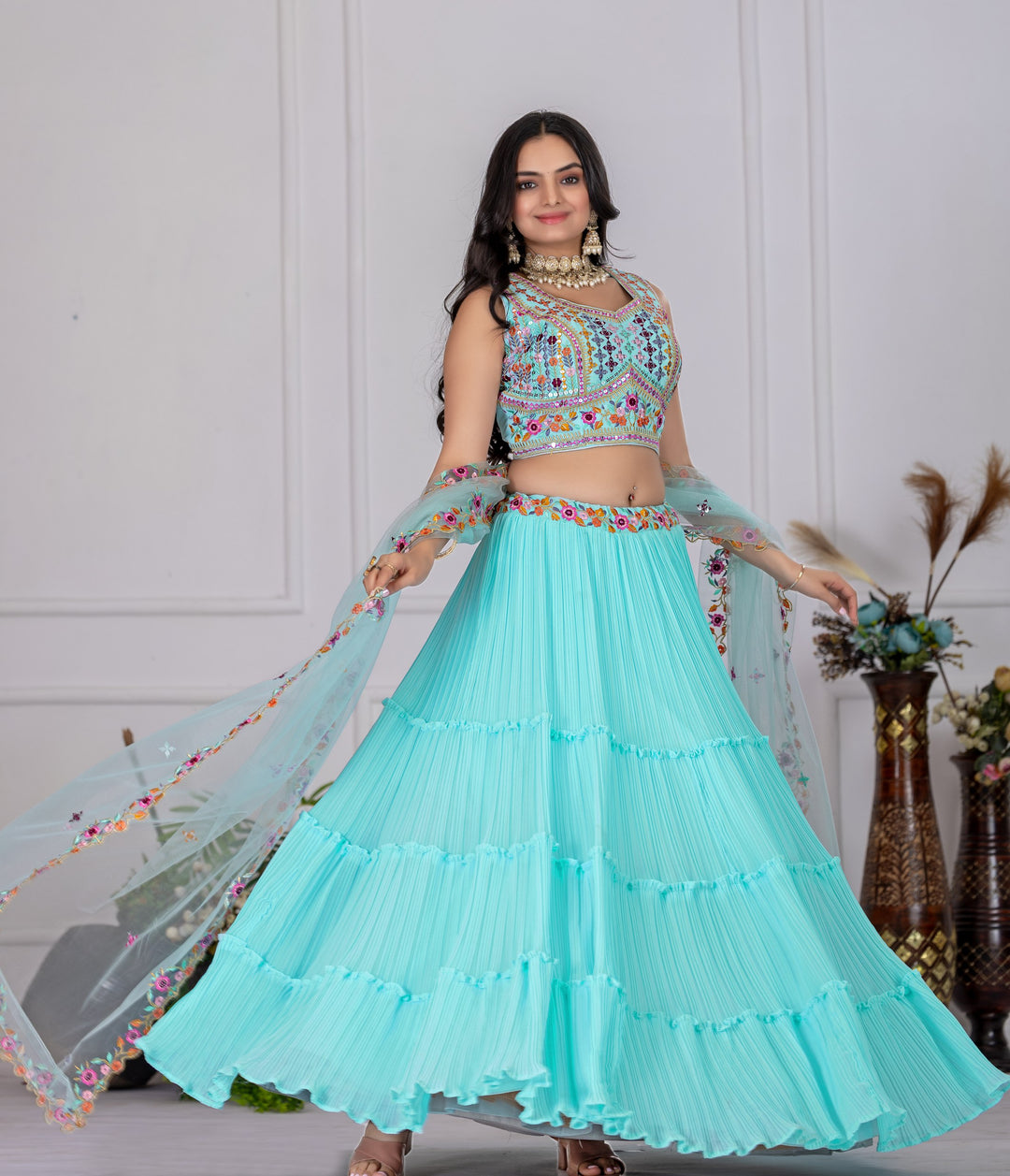 Sky Blue Star Fox Georgette with crease work lehenga Choli