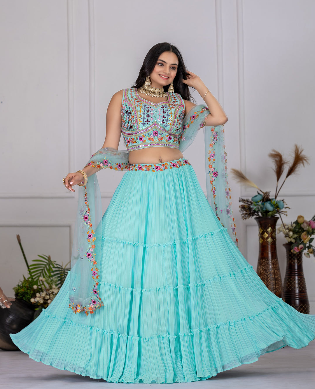 Sky Blue Star Fox Georgette with crease work lehenga Choli