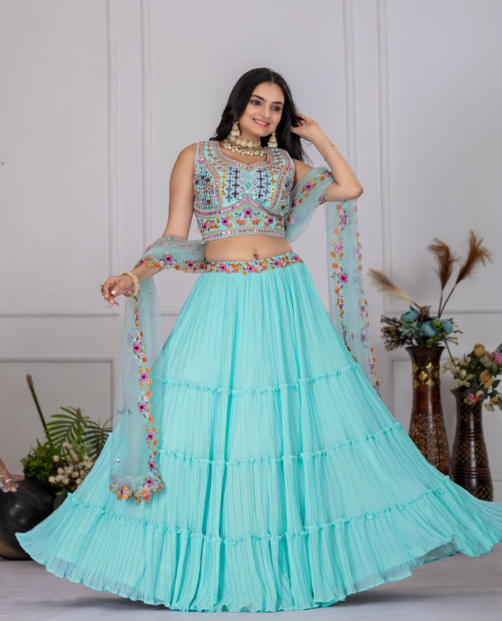 Sky Blue Star Fox Georgette with crease work lehenga Choli