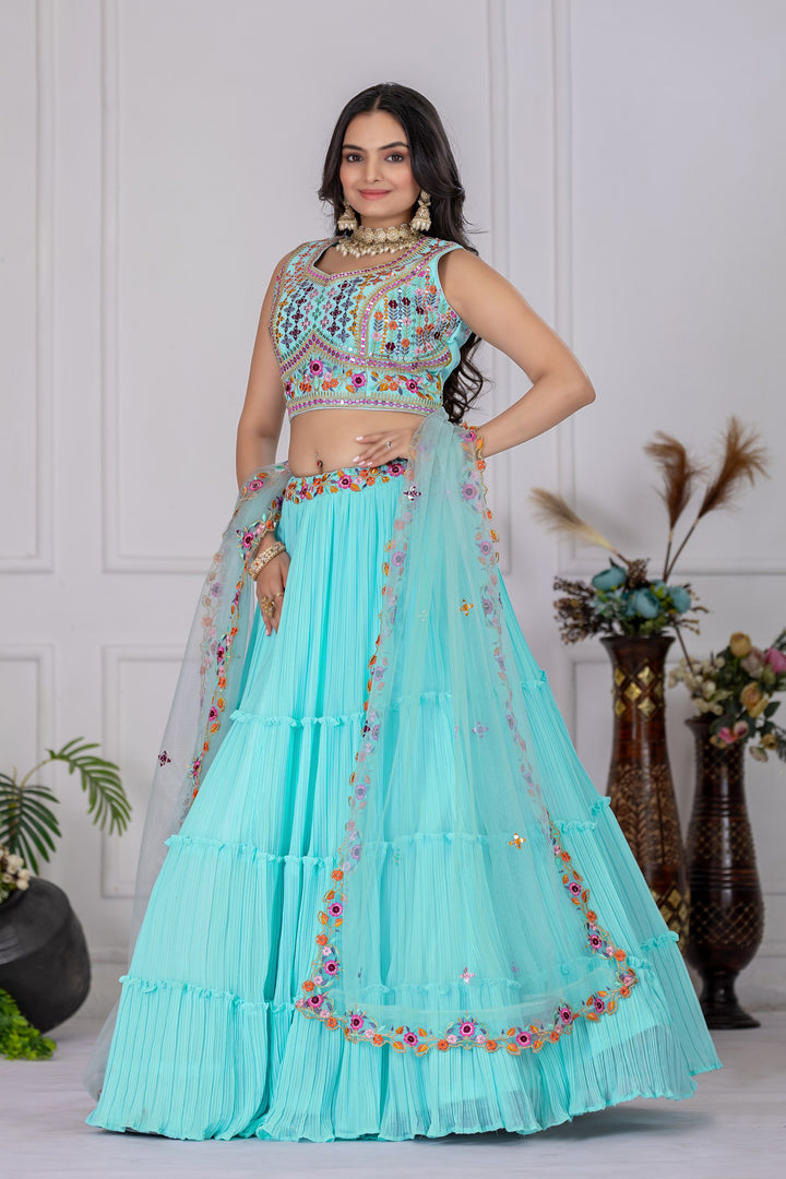 Sky Blue Star Fox Georgette with crease work lehenga Choli