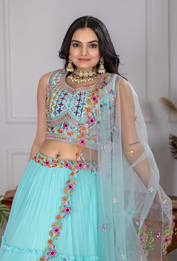 Sky Blue Star Fox Georgette with crease work lehenga Choli