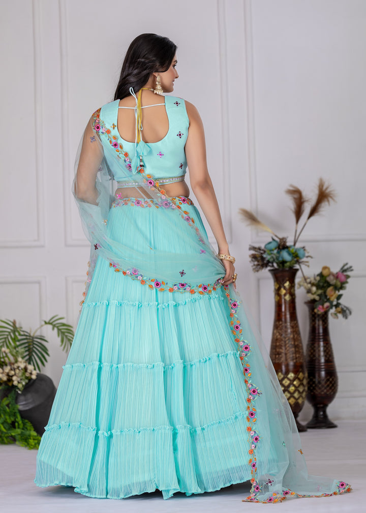Sky Blue Star Fox Georgette with crease work lehenga Choli