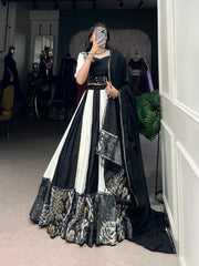Pure Black Rayon Plain And Printed With Paper Mirror Work Lace Lehenga Choli