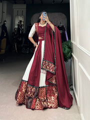 Pure Maroon Rayon Plain And Printed With Paper Mirror Work Lace Lehenga Choli