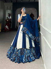 Pure Blue Rayon Plain And Printed With Paper Mirror Work Lace Lehenga Choli