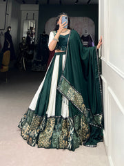 Pure Green Rayon Plain And Printed With Paper Mirror Work Lace Lehenga Choli