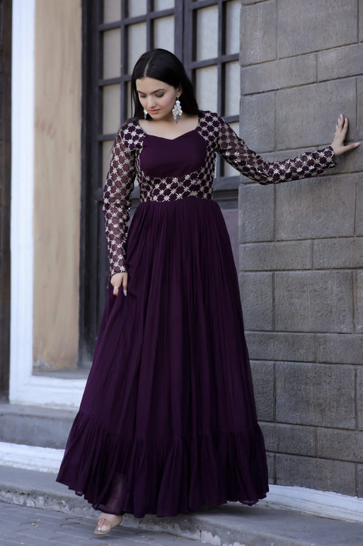Classic Designer Wine Color Embroidery Gown