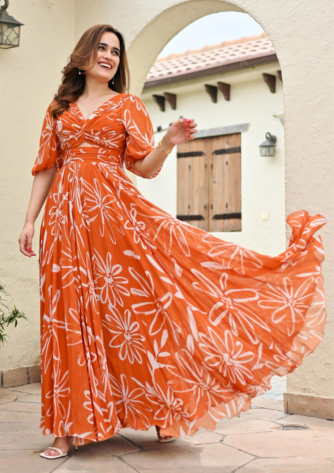 Orange color designer anarkali gown