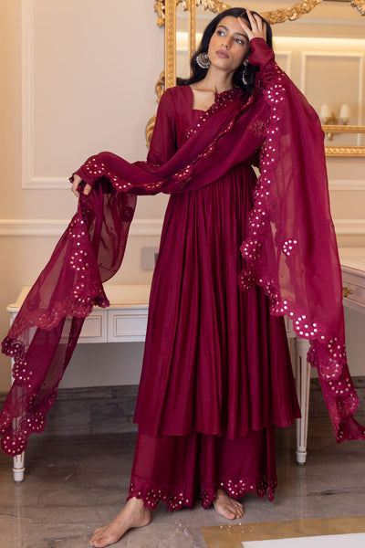 Designer maroon colour Georgette Gown With Dupatta And Plazzo