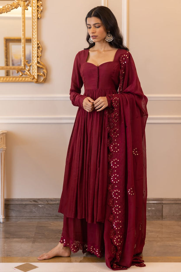 Designer maroon colour Georgette Gown With Dupatta And Plazzo