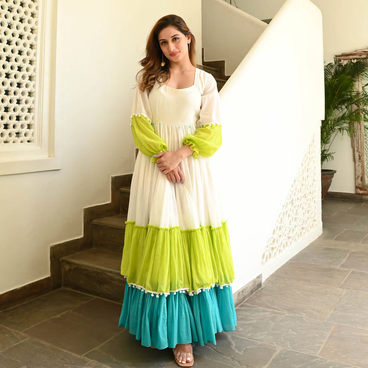 White And Green Color Anarkali Gown