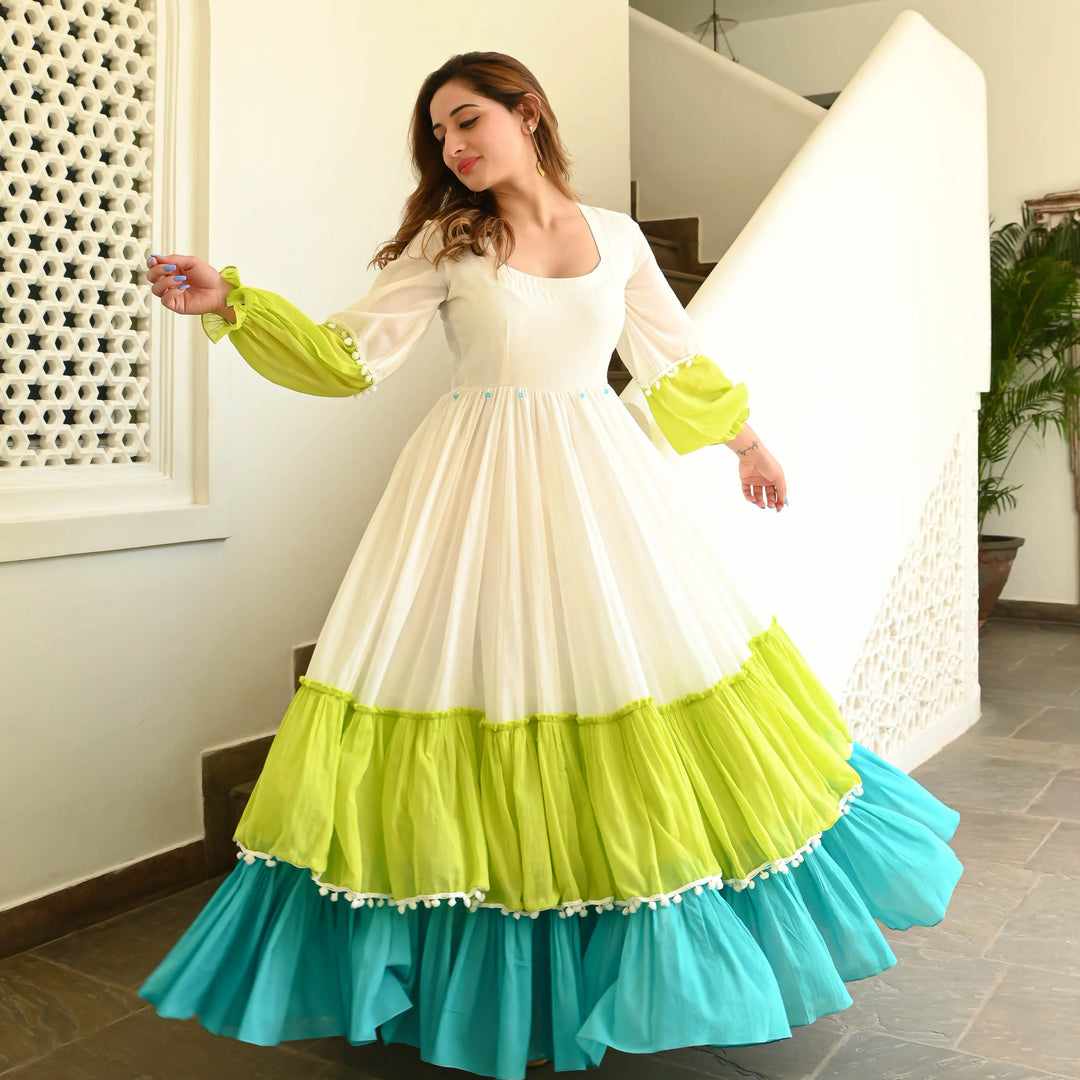 White And Green Color Anarkali Gown