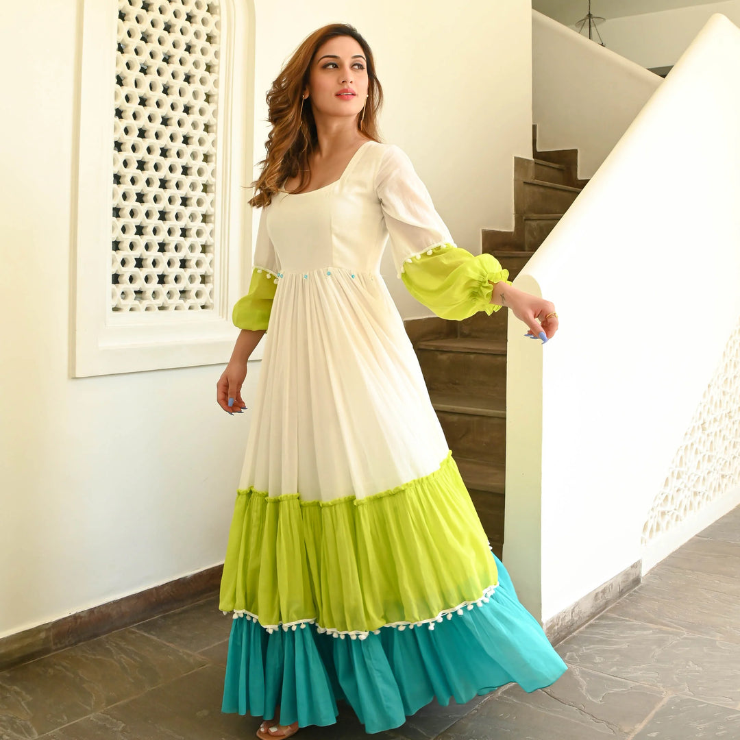 White And Green Color Anarkali Gown