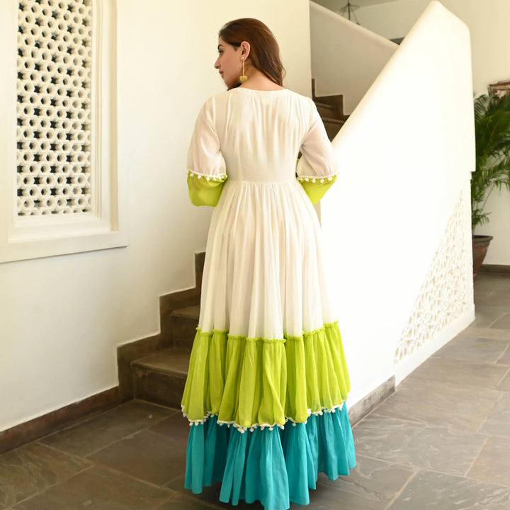 White And Green Color Anarkali Gown