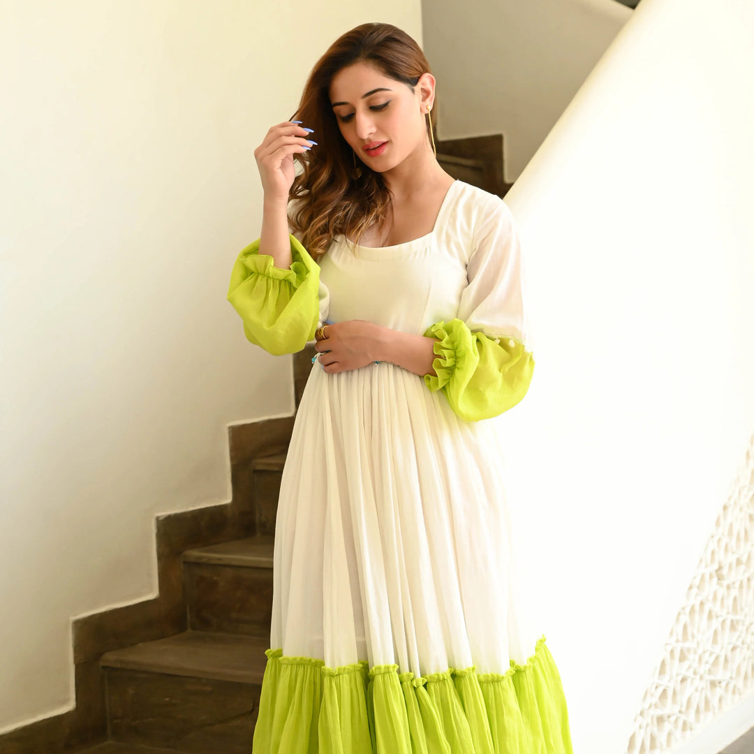 White And Green Color Anarkali Gown