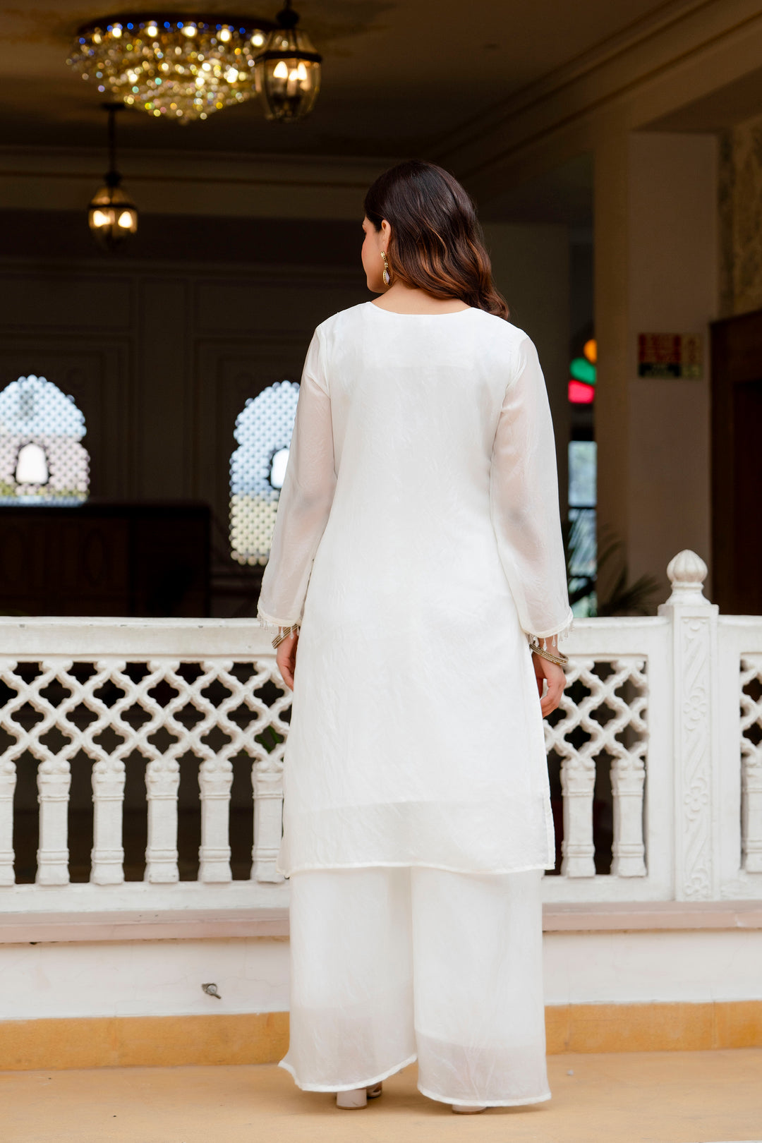 White Beads Work Kurti Set